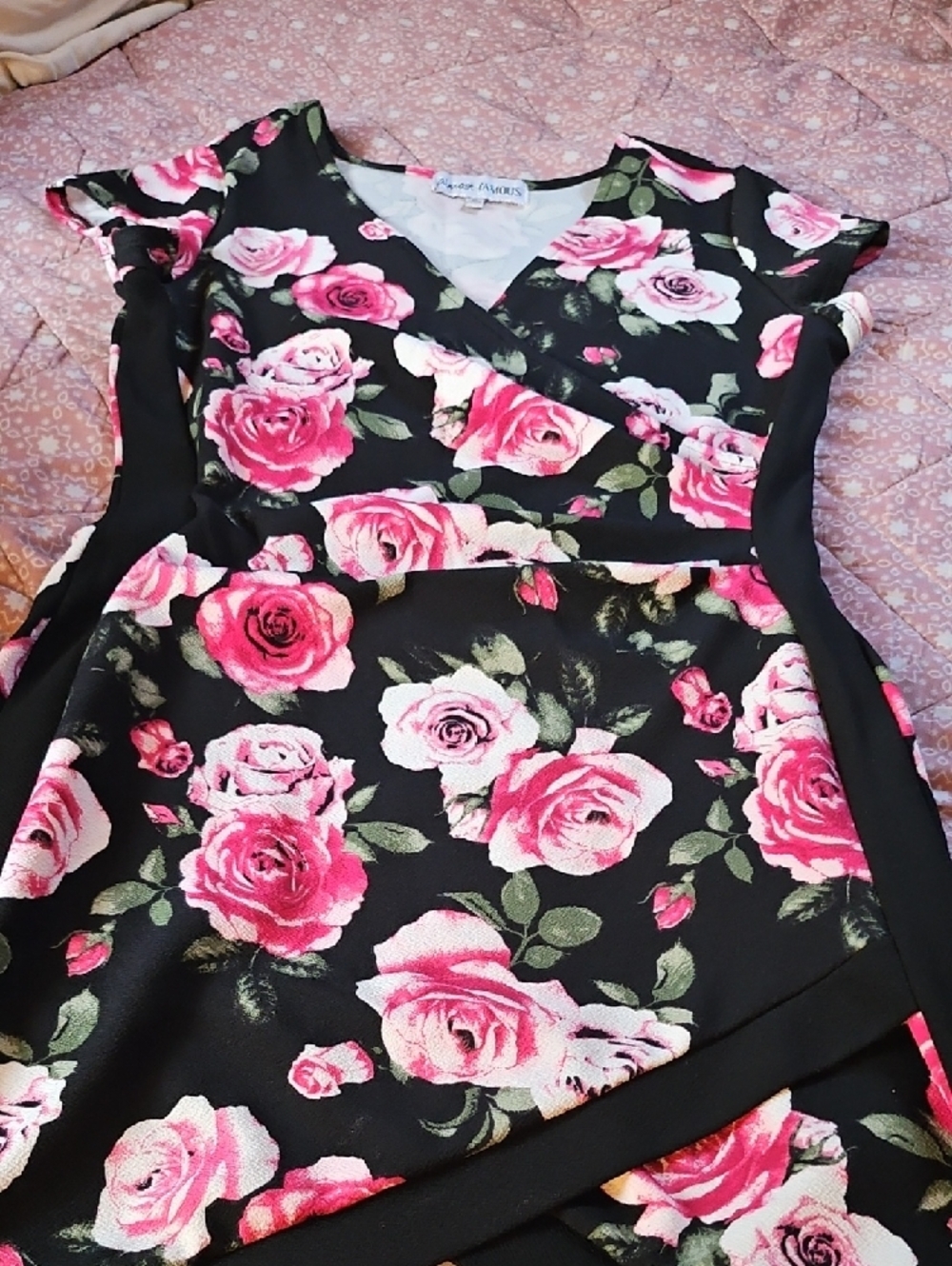 Almost Famous Black Floral Bodycon Dress with Pink Roses